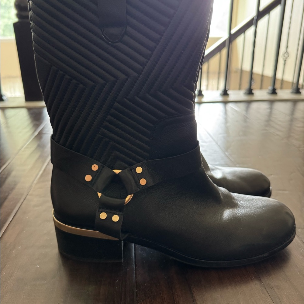 Vince Camuto Moto Black Heeled Boots with Stud Accents